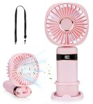 Handheld Fan, 20+Hrs Portable USB Hand Held Fans Rechargeable with 5 Speeds & Power Display, Battery Operated Desk Fan, Small Personal Fan with Base, Hanging Rope, Suit for Home Office Travel (Pink)