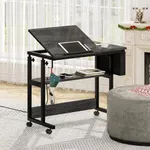 YITAHOME Height Adjustable Table with Charging Station, Portable Desk with Wheels, Small Standing Rolling Computer Desk with Tiltable Tabletop and Storage Bag, Grey