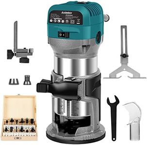 Avtbeisty 6.5-Amp Wood Router Tool, 1.25 HP Compact Trim Router with 6 Variable Speed, Fixed Base, 12 Wood Router Bits, 1/4" & 3/8" Collets, Edge Guide, Roller Guide, and Dust Hood