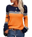 Hormtaer Womens Jumpers Crew Neck Long Sleeve Knit Sweater Colorblock Striped Knitwear Ladies Casual Retro Sweaters Soft Pullover Tops (Orange, M)