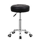 KKTONER Round Rolling Stool PU Leather Height Adjustable Swivel Drafting Work SPA Salon Stools Chair with Wheels (Black)