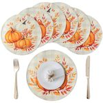WATINC Autumn Pumpkin Fall Placemats, 6PCS Autumn Round Place Mats Set Thanksgiving Harvest Circle Placemat, Buffalo Plaid Leaves Table Plate Mat Fall Table Mats for Party Kitchen Dining Decoration