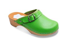 FUTURO FASHION Women's Healthy Natural Genuine Leather Wooden Sole Plain Clogs Unisex Colours, Green, 6 UK