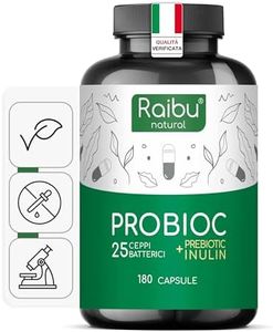 Probiotici Fermenti Lattici Probioc - 180 Capsule, 25 Ceppi Batterici con Inulina, 60 Miliardi UFC - Resistenti ai Succhi Gastrici, Alta Dosaggio & Inclusi Lactobacillus e Bifidobatteri - Raibu