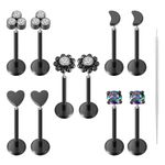 Uni-J 10pcs 16G Threadless Push-in Tragus Conch Cartilage Flat Back Helix Labret Monroe Lip Ring Daith Piercing Jewelry(16G Black 6mm)