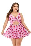 Plus Size Swimdress Floral Halter One Pieces Tankini Pink - 3XL