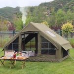 4 Season Waterproof Inflatable Tent with Pump and Stove Jack,6-8 Person Glamping Blow Up Tent Large Air Pop-Up Tents,Easy Setup (Military Green_Small: Air 6.3㎡-300x210x200cm)