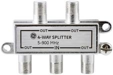 GE 4-Way Coaxial Cable Splitter, 5-900 Mhz Range, RG59 RG6 Coax Compatible, Audio, Video, Works with HD TV, Cable, Amplifiers, Amplified Antennas, Nickel, Corrosion Resistant, 35047