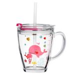 Glass Milk Cup with Measuring Kids Microwave Leak-proof Sippy Cup 300ml Transparent Drinking Glasses Jars Bottles Scale Measure Cup Cartoon Printing Water Cup with Lid Straw Handle for Milk Juice