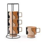 Umlaca Coffee Mug Set,Includes 4 x 320ml Porcelain Coffee Mug+ 1 x 304 Food Safe Iron Stand,Reusable Ceramic Coffee Cup Modern,BPA Free,Coffee Mugs Sets Brown