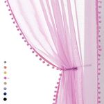 Pink Sheer Curtains for Girls-Room 108inch Long Window Drapes with Cute Pom Pom Design for Salson Party Ceremony Birthday Décor 52" w X 2 Pack