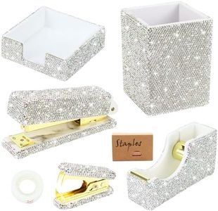 6 PCS Bling Diamond Office Accessories Set, Diamond Stapler and Tape Dispenser Set with Staple Remover, Sticky Note Holder, Cute Staples, Diamond Pen Holder, Desk Sets and Accessories for Women-Silver
