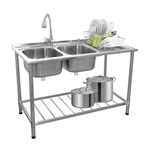 Catering Sink Commercial Stainless Steel Double Bowl Unit And Tap Right Hand Drainer Kitchen Restaurant Storage Shelf