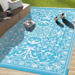 Vaukki Reversible Rugs, Plastic Straw Outdoor Doormat, Fade Resistant Plastic Outdoor Patio Mat, Lightweight Tribal Area Carpet for Patio, RV, Camping, Beach, Deck, Backyard and Picnic (Teal, 4'x6')