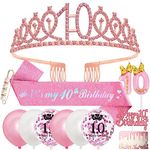 10th Birthday Decorations, 10th Birthday Sash and Tiara Girls Birthday Presents,Birthday Crown Headband Birthday Sash for Girls,10th Birthday Balloons Candles Cake Topper Gifts for 10 Year Old Girls