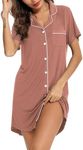 Senert Nightgown for Women Sleep Shirt Short Long Sleeve Sleepwear Boyfriend Nightshirt Button Down Pajama Dress S-XXL, Short Sleeve-lotus Pink, Large