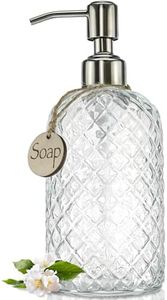 JASAI 18Oz Gem Patterned Clear Glass Soap Dispenser with Rust Proof Pump, Refillable Hand Soap Dispenser for Kitchen, Premium Bathroom Soap Dispenser for Dish Soap, Hand soap, Lotion(Clear).