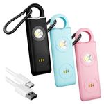 Personal Safety Alarm Keychain for Women – 3 Pack USB Rechargeable Protection Emergency Siren Key Chain with Light and Low Battery Notice by WETEN (Black Pink Blue)