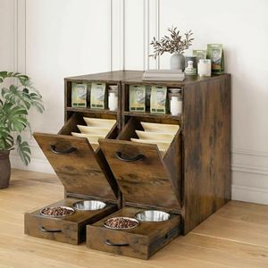 DWVO 30.6" Dog Feeding Station with Storage, Tilt-Out Dog Food Cabinet with 4 Feeder Bowls, Pull Out Elevated Dogs Bowl, Rustic Brown