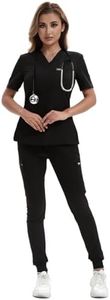 YEZEX Scrubs for Women Set, Medical Scrubs Top & Pants, Women's Jogger Scrub Set w/ 10 Pockets(Black)