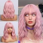 Pastel Wavy Bob Wig Human Hair Short Wave Pink Wig With Bangs 12" Wigs for Women Cosplay Wig Shoulder Length Wig for Girl Wigs for Christmas