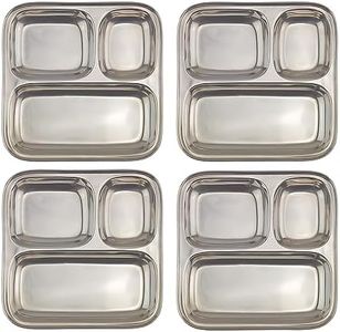 Darware Stainless Steel Divided Plates/Compartment Trays (4-Pack); 9.8 x 8.1 Inches Oblong 3-Section Mini Trays, Great Size for Kids, Portion Control, Camping