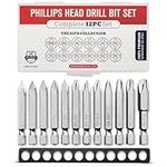 Phillips Screwdriver Drill Bit Set (Premium 12pc Complete Set) w/Storage Case and Bit Holder - 1/4in Hex Shank Magnetic Bit Set - Impact Ready - S2 Steel - Long 2in Heads for Drills. Baker and Bolt