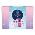 NIVEA Pamper Me With Care Gift Set (6 Products), Women's Gift Set with Shower Gel, Moisturising Cream, Body Lotion, Lip Balm, Anti-Perspirant Roll-On, and Cream Wash