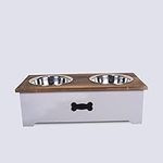 WICKERFIELD Luxury Dog Food Feeding Stand Station with Stainless Double Raised Bowls and Wooden Crate at Home Reusable Removable Washable Rectangular (Large, Grey)