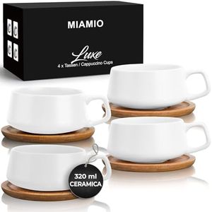 MIAMIO - 4 tazze da caffè da 320 ml/set di tazze e piattini/eleganti e moderne tazze da caffè in gres - set di 4 pezzi della collezione Luxe (Bianco)