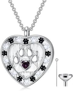SOULMEET Custom Silver/Real White Gold Paw Print Necklace for Ashes, Personalize Engraving Birthstone Pet Urn Necklace for Ashes Keepsake Cremation Jewelry for Pet Cats Dogs-February