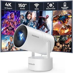 [Built-in Battery] Mini Projector with Wifi and Bluetooth, 4K Decoding 1080P Supported 270° Rotatable 150'' Screen Auto Keystone Home Outdoor Portable Projector Smart Projector, White