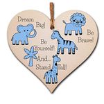 The Plum Penguin Handmade Wooden Hanging Heart Plaque Gift Be Brave Dream Big Be Yourself And Stand Tall new baby present new parents blue safari animals nursery wall decoration