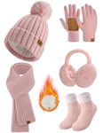 heekpek Winter Knit Beanie Hat Touch Screen Gloves Ear Muffs Scarf Socks 5 Pieces Warm Set Women Thick Neck Warmer Mittens Pink