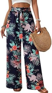 ECOWISH Wide Leg Pants for Women Summer 2024 Palazzo Tropical Floral Belted Casual Lightweight High Waist Flared Trousers with Pockets Navy Blue X-Large