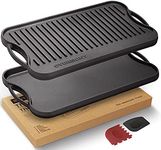 Overmont Pre-seasoned 17x9.8" Cast Iron Reversible Griddle Grill Pan with handles for Gas Stovetop Open Fire Oven, One tray, Scrapers Included