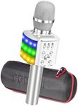 BONAOK Wireless Bluetooth Karaoke Microphone with Colorful LED Lights, 4 in 1 Karaoke Machine Player Recorder Portable Microphone, Kids for Android/iOS/PC (Silver)