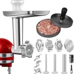 AMZCHEF Metal Meat Grinder Attachment for Kitchenaid Stand Mixer, Kitchen Aid Meat Mincer Accessories Included 3 Sausage Stuffer Tubes, 4 Grinding Plates, 1 Metal Burger Press, Brush, without Machine