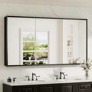 TokeShimi 60 x 32 Black Recessed Medicine Cabinet with Mirror, Assembly Required, Bathroom Medicine Cabinet with Mirror, Stepless Adjustable Shelves, Beveled Aluminum Frame, DTC Hinge