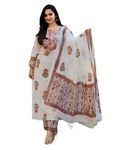 Alvami Women Viscose Printed Straight Kurta Pant with Dupatta Set (XXL) White