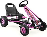 HONEY JOY Go Kart for Kids, 4 Wheel Quad Off-Road Pedal On Foot Go Cart w/Steering Wheels & Adjustable Seat, 2 Safety Brakes, EVA Rubber Tires, Clutch, Outdoor Racer Ride On Pedal Car (Pink)