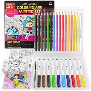 Arteza Kids Fantasy Coloring Kit, 3 Canvases 4 x 4 Inches, 10 Markers, 16 Watercolor Pencils, 1 Paint Brush, 1 Sharpener, Art Set for Kids Activities