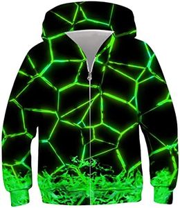 ACOCOPY Hooded Sweatshirt for Boys Long Sleeve Zip Up Pullover Hoodie Kids 3D Cool Green Geometry Zipperd Hoody Size 8-10