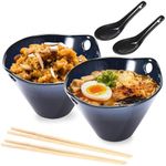 KITCHTIC Japanese Ramen Udon, Soup Bowl Set - Ceramic Ramen Bowls Set of 2 with Unique Design - Microwave, Oven & Dishwasher Safe - Non Toxic & BPA Free - Navy Blue