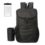 Foldable Rucksack Lightweight Waterproof - 30L Folding Backpack with Free Waterproof Phone Holder, Foldable Backpack - Ideal for Camping, Hiking & Travel, Packable, Small Backpack, Black