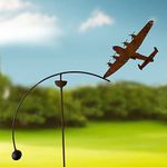 GAP GARDEN PRODUCTS - Solid Metal Rustic finish Garden Wind Spinner/Rocker with a Lancaster bomber design on a Single arm (Bare metal and will rust naturally)