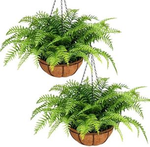 PABREY 2 Set Fake Ferns with Hanging Baskets, UV Resistant Outdoor Artificial Plants, Realistic Fake Hanging Plants Outdoor Faux Plants for Front Porch Patio Home Décor, No Assembly Required