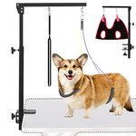 AGESISI Dog Grooming Arm with Clamp, 36" Height Adjustable Pet Grooming Table Arm with Grooming Hammock, Loop Noose & Two No-Sit Haunch Holder, Heavy Duty Grooming Arm for Medium & Small Pets, Black