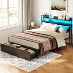 HOOBRO Queen Size Bed Frame, LED Bed Frame with Charging Station Headboard and 2 Storage Drawers Footboard, Sturdy Industrial Style Metal Platform Bed Frame, No Box Springs Needed, Black BB53UDBF01