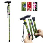 PLASTIFIC Walking Stick, Easy Adjustable Height Folding Extendable Walking Cane, Lightweight Flexible and Durable Walking Aid Mobility Aid Collapsible Walking Stick (Green Flower)